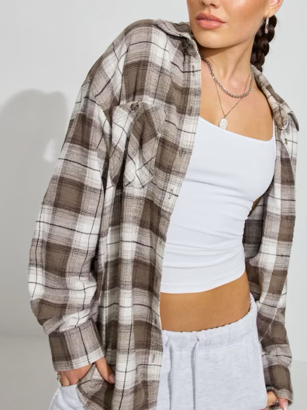 Garage Brown and Cream Plaid Button-Up Cardigan Sweater